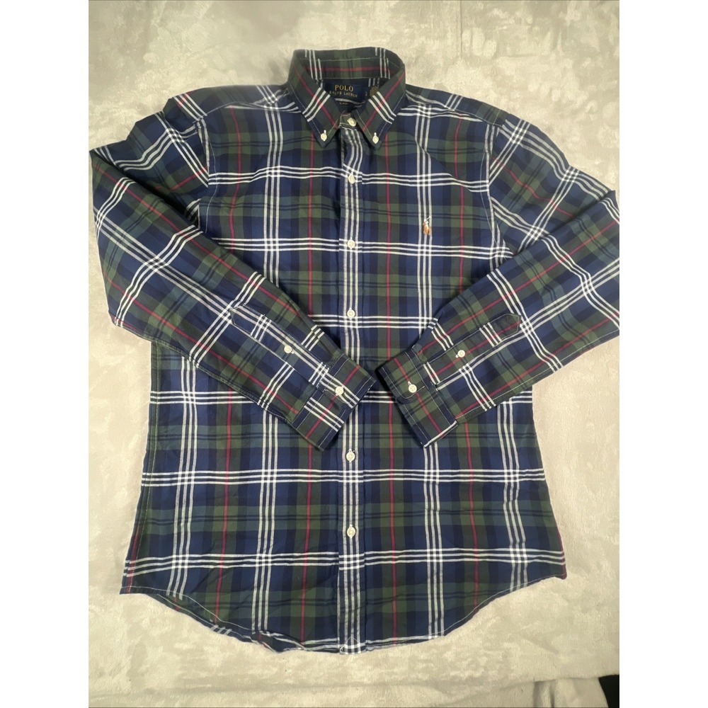 Ralph Lauren Shirt Men Sz Large Blue Green Plaid Slim Fit Button Down Flesh Pony